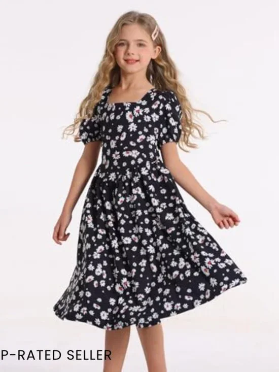 Puff Sleeve Floral Midi Dress Boho Chic Spring Summer Zipper Casual Elegant - Picture 3 of 7